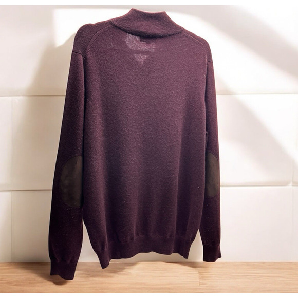Kinross Cashmere 100% Cashmere Henley Sweater Maroon With Brown Elbow Patches M - Picture 2 of 8